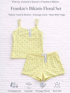 Frankie’s Bikinis Pink Floral Set Yellow Tank Shorts XL Cottage Core
Set